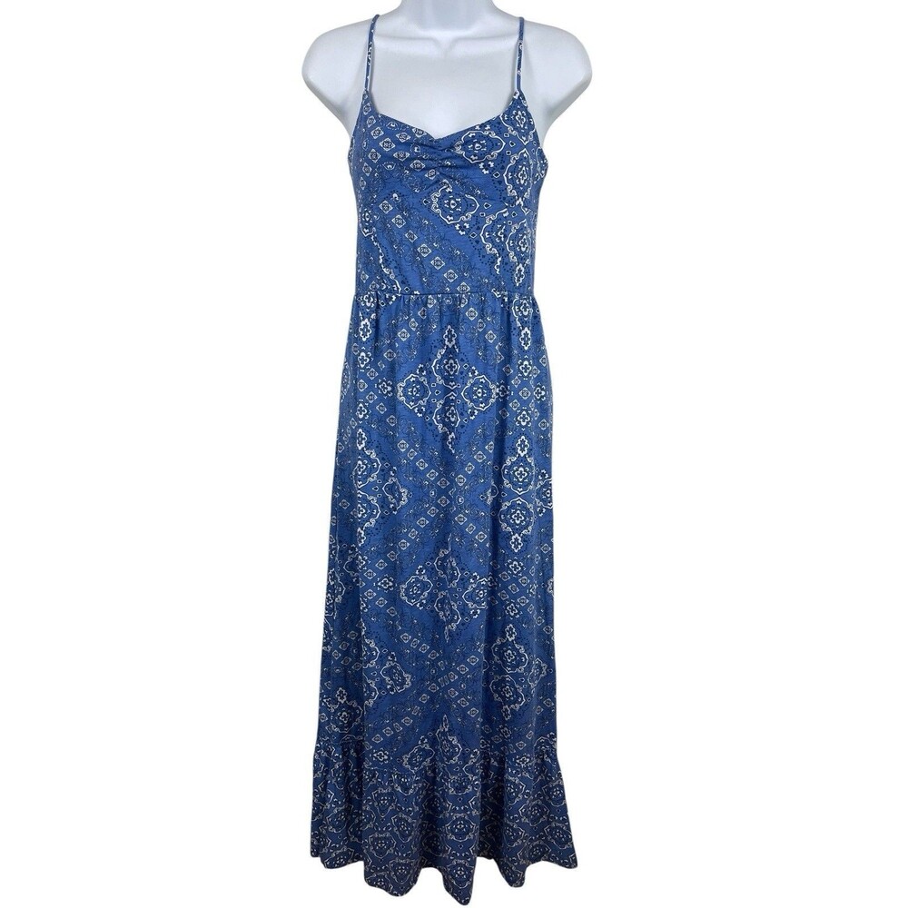 Aeropostale Paisley Bandana Maxi Dress L Blue Sweetheart Ruched Cami Boho Tiered